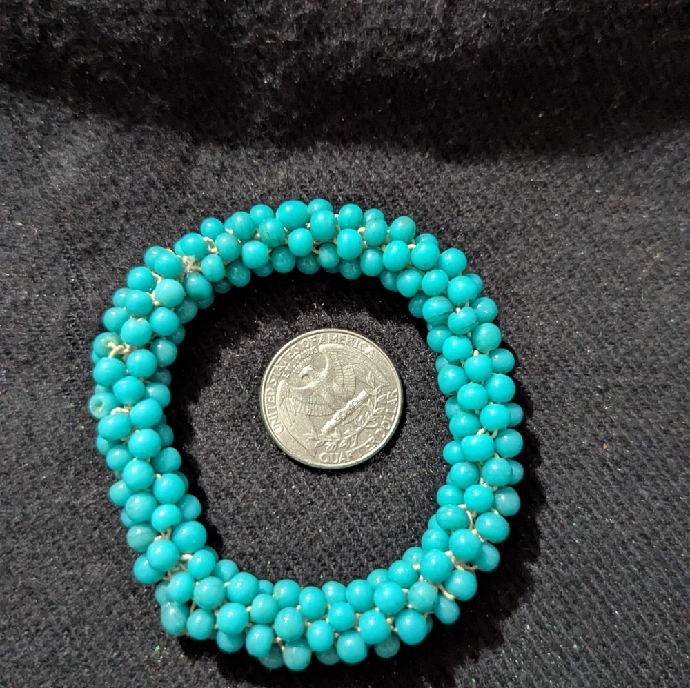 Turquoise Blue Glass Beaded Stretchy Elastic Statement Bracelet - Picture 2 of 3
